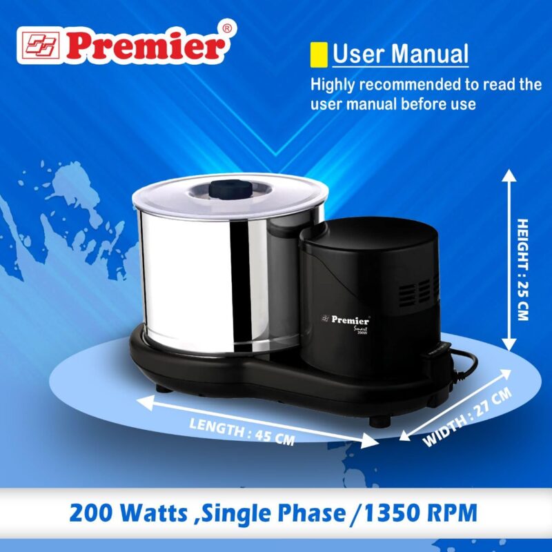 Premier Smart 200w Wet Grinder 2 LTR 230v Pg-512 with Coconut Scrapper and Dough Kneader Attachment, Easy Maintenance & Functional, Versatile Grinder - Image 6