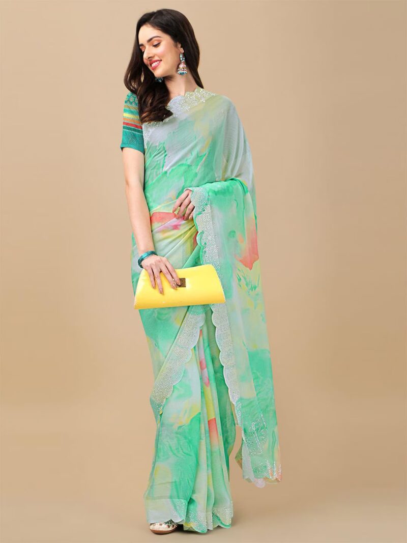 RAJESHWAR FASHION WITH RF Women's Colorblock Printed Chiffon Sarees For Women With Diamond Scalloping & Digital Print Blouse(Turquoise_Multicolored_Free Size 6.30) - Image 7
