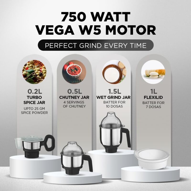 Preethi Zion Mixer Grinder for Kitchen - 4 Jars 750 Watt Mixie (3 Stainless steel Jars+1 Master Chef Plus Food processor Jar), Flexi lids, Vega W5 motor, Black (MG-227) Copy - Image 4