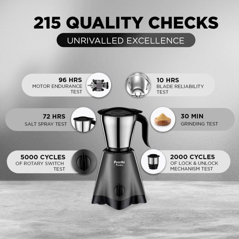 Preethi Tiara Mixer Grinder for Kitchen - 3 Jars 500 Watt Mixie - Chutney Jar & Dry Grinder Jar used as Wet Grinder & Blender - Stainless Steel Blades(Grey) - Image 3