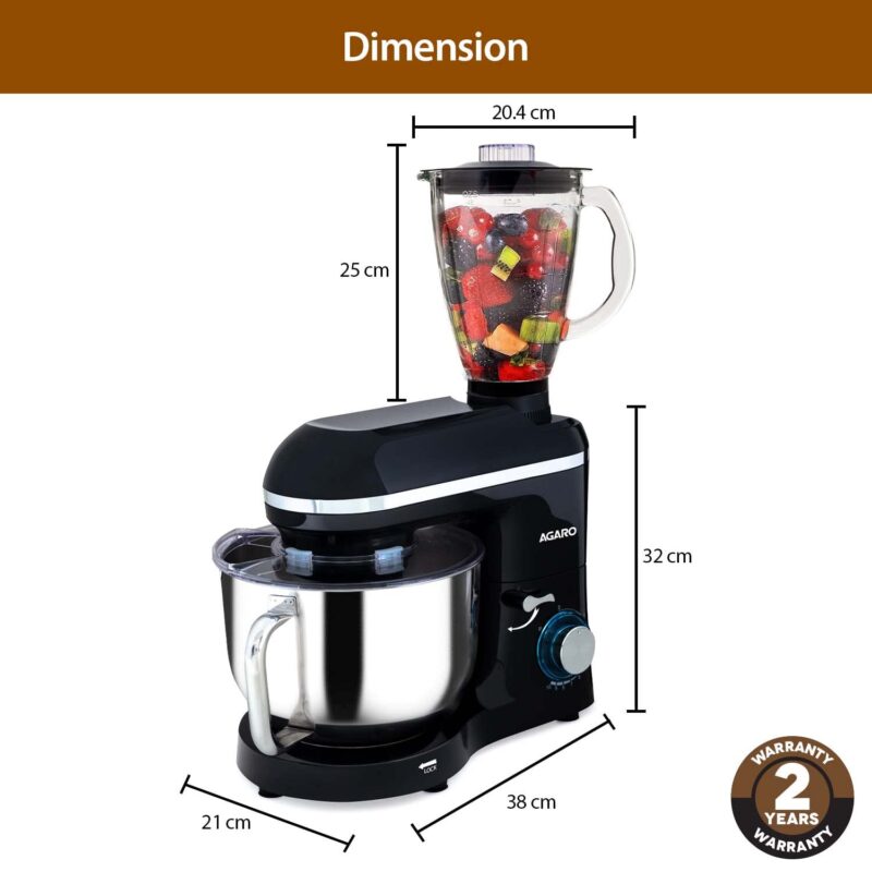 AGARO Imperial Stand Mixer,1400W with 6L SS Bowl, 1.5L Blending Jar,10 Speed With Pulse Function, 100% Copper Motor, Includes Blending Jar, Whisker, Beater, Dough Hook, Egg White Separator, Black - Image 2