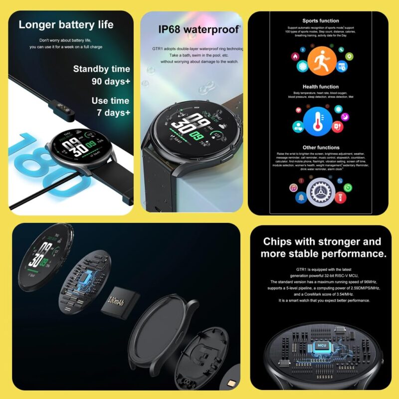 HEST HighSense GTR1 Smartwatch | IP68 Waterproof | 5-8 Days Battery Life | 100+ Sports Modes | Health Monitoring | Bluetooth 5.0 | 1.28" Display | Magnetic Charging | Customizable Watch Faces - Image 2