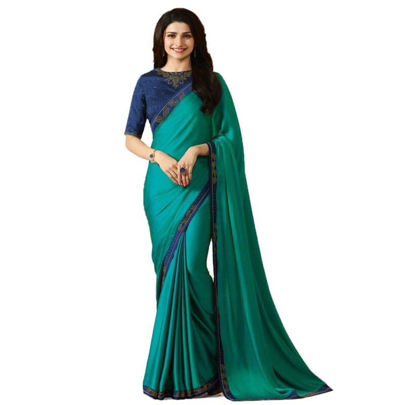 ROOP SUNDARI SAREES Women's Dyed Pure Silk Stylish Saree For Women With Stone Work Lace & Blouse Piece (A18 AQUA NEW_Multicolored_Free Size 6.30 Mtr)