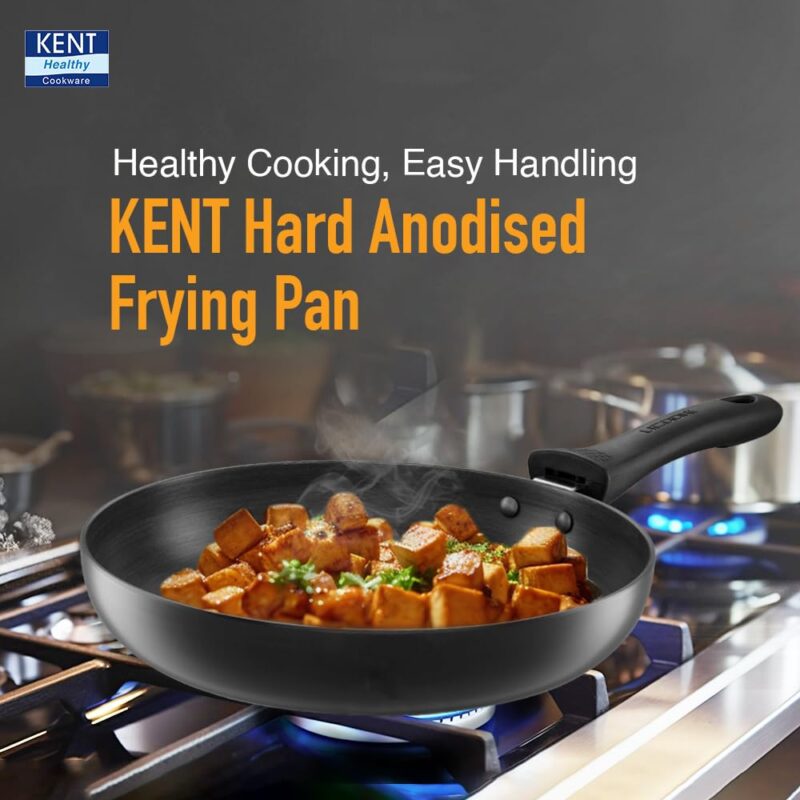 KENT Hard Anodised Frying Pan 22 CM | 1.4L | Non Reactive, Non Toxic, & Non Staining Food Grade Surface | 3.25mm Thick Base for Uniform Heating| Cool Touch Bakelite Handle | Induction Friendly, Black - Image 6