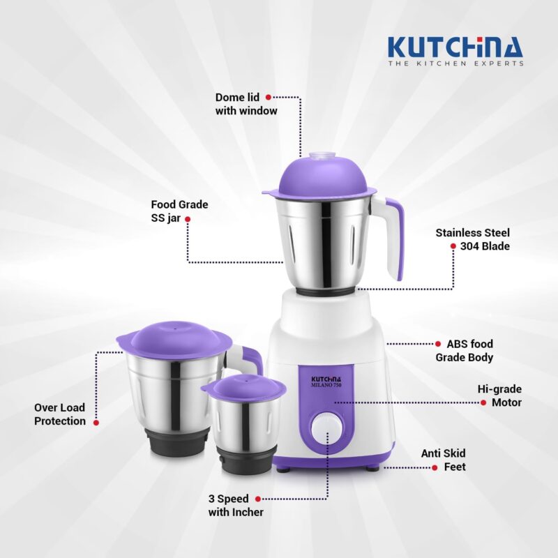 Kutchina Milano 750 Hygrade Motor Mixer Grinder 750 Watt with 3 Jars (Liquidizing, Wet Grinding, Chutney Jar) | Stainless Steel Blades | Mixer Grinder 750+ Watt | 2 Years on Product, 5 Years on Motor - Image 3