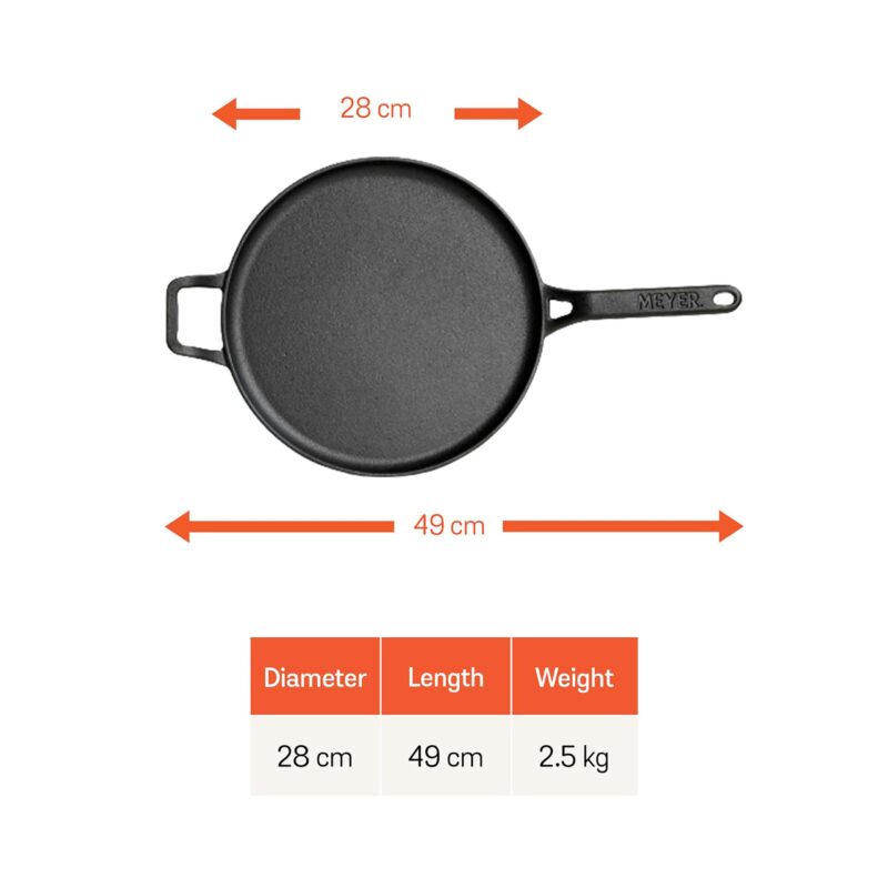 Meyer Pre-Seasoned Cast Iron Flat Dosa, Roti, Chapati Tawa Pan with Stick Handle, Dosa Kallu, Iron Tawa Big Size | Pre-Seasoned Iron Cookware | Gas and Induction Compatible | 28cm, Black - Image 2