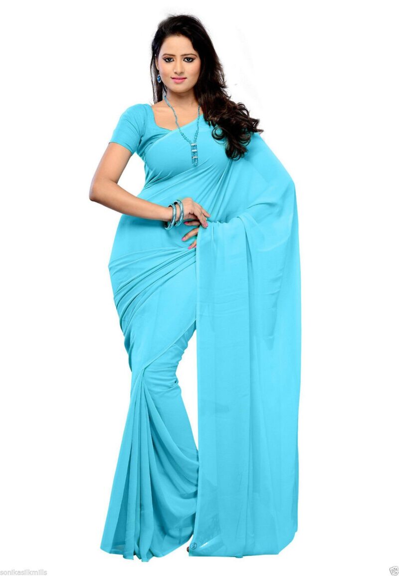 Sidhidata Women's Pure Georgette Saree With Blouse Piece (Pack of 2) (combo plain 719-701_Sky Blue & Baby Pink), Free Size - Image 3