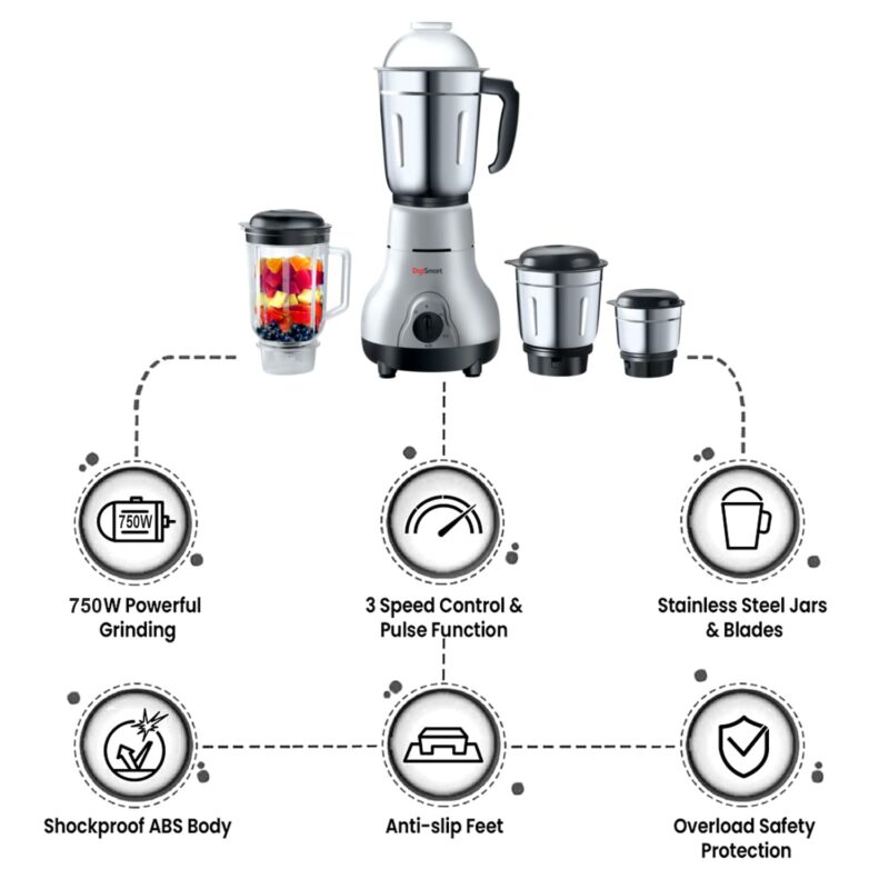 DigiSmart Kitchen Mate 750 Watt Mixer Grinder with 4 Jars Comes with 2 Year Warranty (Grey and Black) - Image 6