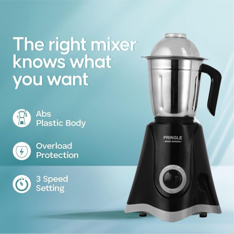 Pringle 2 Jar Mixer Grinder| 500W Powerful Motor | [ISI] Certified | 304 Grade SS Blade| 2 SS Jars Liquidizing Jar (1 Litres) Chutney Jar (0.4 Litres)3 Speed Options with Whip (1 Year Warranty) - Image 8
