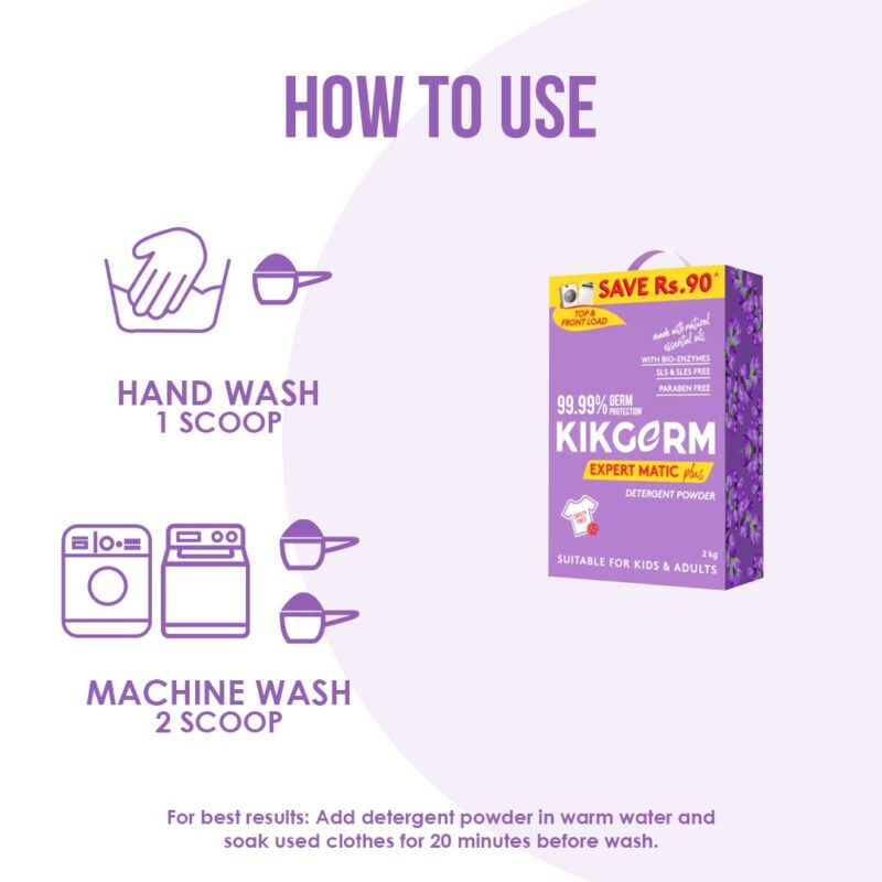 Kikgerm Plant Based Laundry Detergent Powder With Fabric Conditioner - Natural, Eco-friendly, Non-toxic, Biodegradable - Kids Safe, Skin Safe, Pet Safe - Tough Stain Remover - 2 Kg (Pack of 1) - Image 3