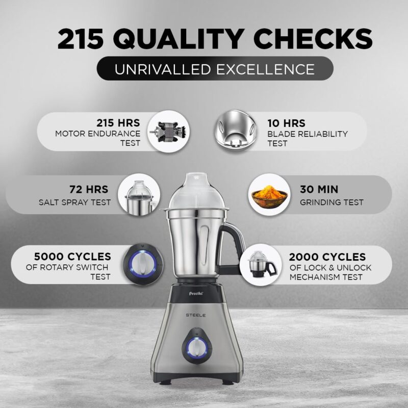Preethi Steele 110V Mixer Grinder for Kitchen | 3 Jar, 550W Mixie| Perfect for Grinding | Silver/Black (MG 206) - Image 3
