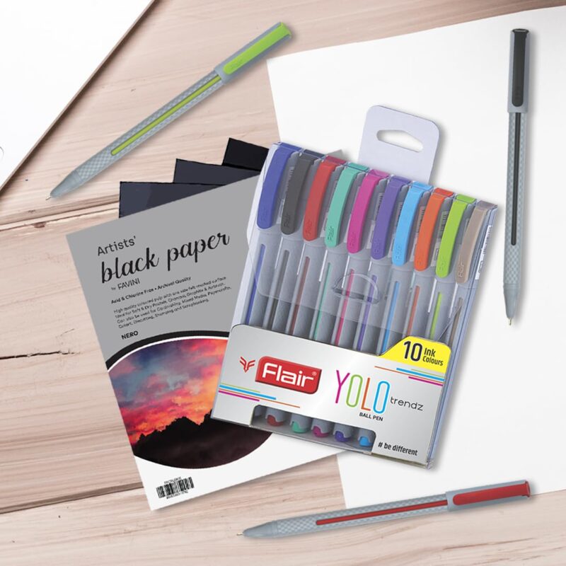 Flair 0.6mm Yolo Trendz Ball Pen 10 Pcs With 6X6 Colorissimi Paper Combo Pack