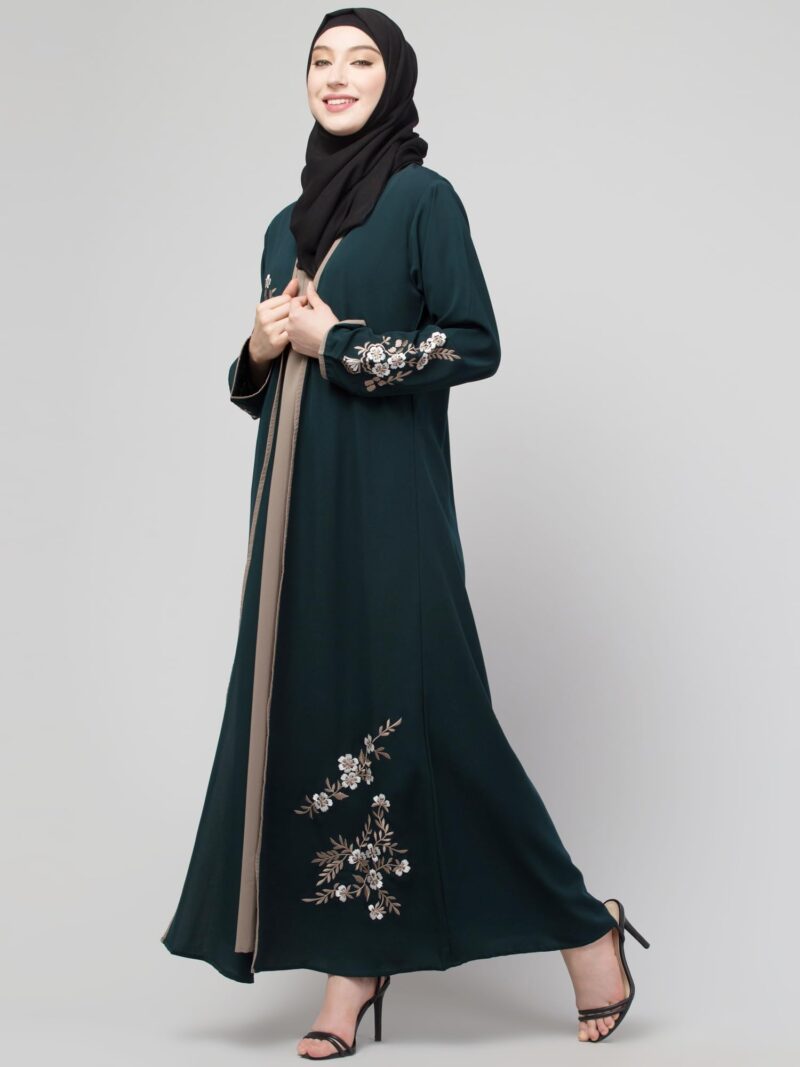 N4N Garments Abaya for women and girls Latest Embroidered Shrug Design Burqa Dress (M, GREEN-BEIGE) - Image 4