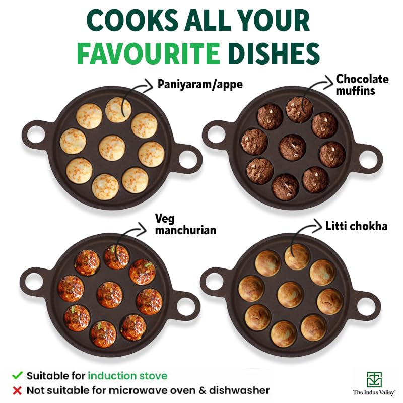 The Indus Valley Super Smooth Cast Iron Paniyaram Pan | Small, 9pit, 8.2 Inch/20.8cm, 2.7kg | Induction Friendly | Nonstick, Pre-Seasoned, 100% Pure & Toxin-Free, No Chemical Coating, Black - Image 2