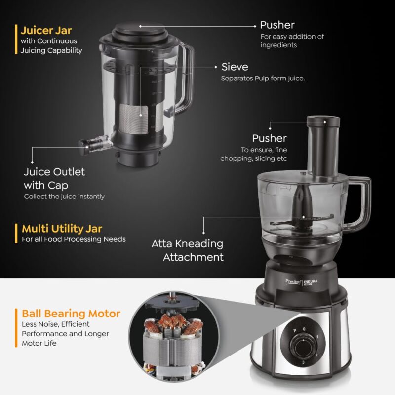 Prestige Endura Pro 1000W Multi Functional Mixer Grinder With Ball Bearing Technology|6 Jars With Food Processing Attachments |14 Different Functionalities|Black & Silver - 1000 Watts - Image 7