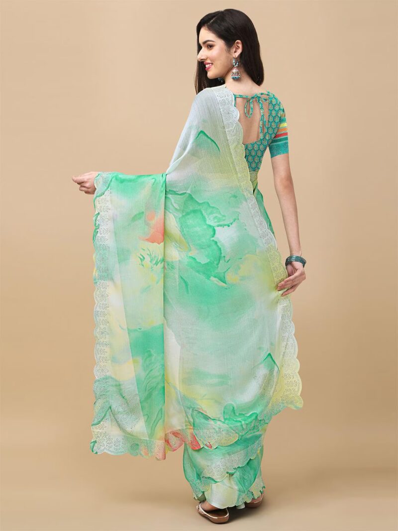 RAJESHWAR FASHION WITH RF Women's Colorblock Printed Chiffon Sarees For Women With Diamond Scalloping & Digital Print Blouse(Turquoise_Multicolored_Free Size 6.30) - Image 5