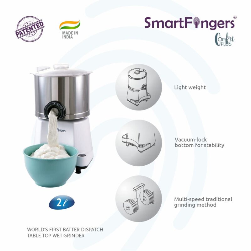 SmartFingers Comfort Plus Table Top magic Wet Grinder 230V 50hz, 2 Liter, White, 2 Stone - Image 6