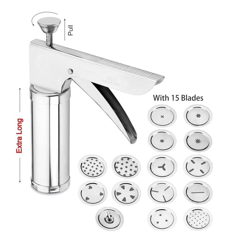 Stainless Steel Kitchen Press with Different Types of Jalies, Murukku Maker/Bhujiya Maker/Noodles/Cookies/Namkeen/Chakali Maker/Sev Maker/Farsan Maker/Gathiya Maker - Image 4