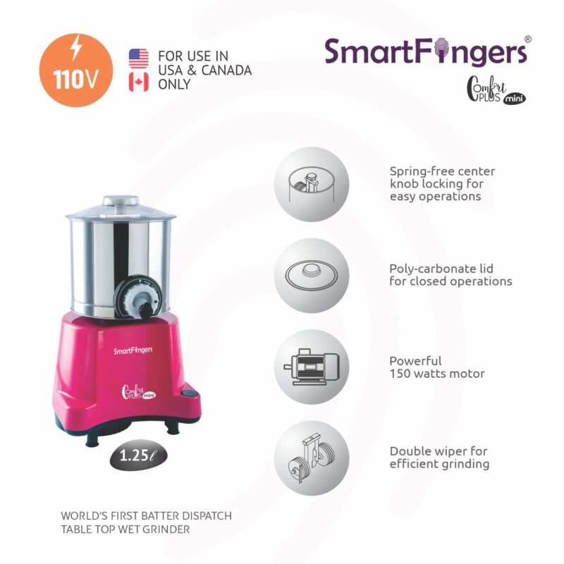 SmartFingers Stainless Steel Comfort Plus Table Top Magic Wet Grinder 110V 60Hz (1.25 L) For Usa Canada And Japan Only, Pink - Image 3