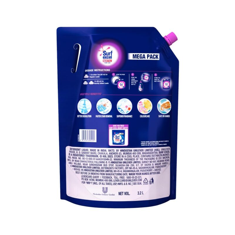 Surf Excel Matic Front Load Liquid Detergent 3.2 L Refill, Designed for Tough Stain Removal on Laundry in Washing Machines - Mega Pack - Image 6