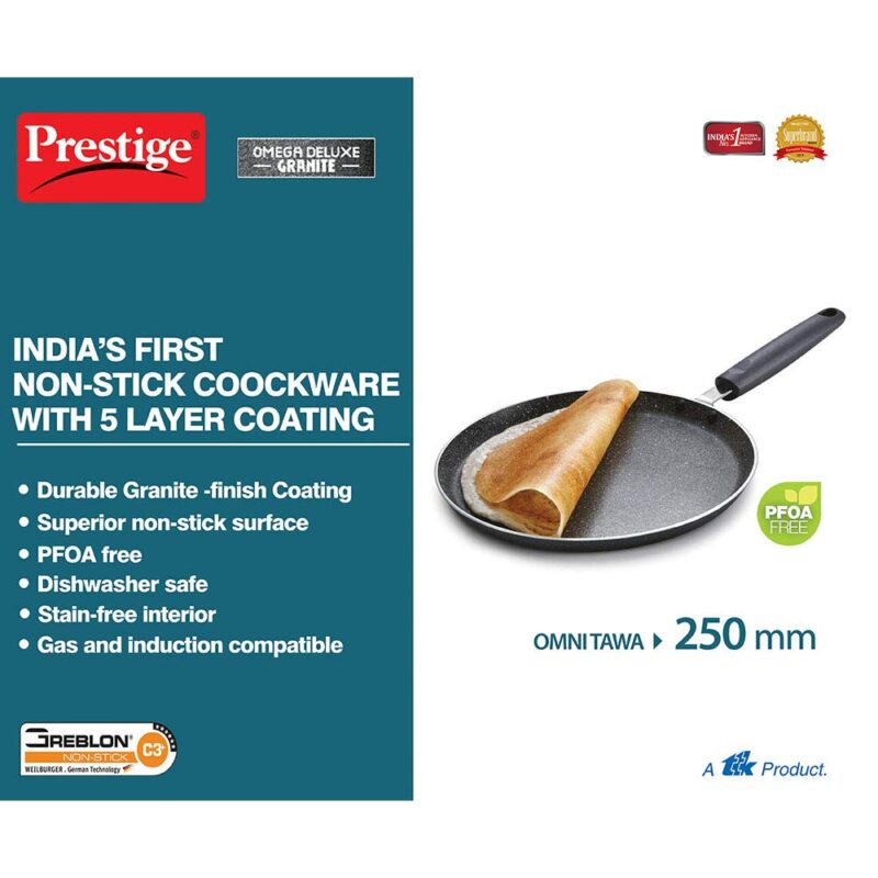 Prestige Hard Anodised Tadka Pan, 100 mm Omega Deluxe Granite Dosa Tawa, Black, 250 mm - Image 2