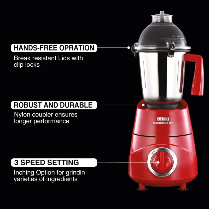USHA Thunderbolt Pro 1000W with 3 Jars, 100% Copper Ball-Bearing Motor, Handsfree operation, 3 Jars, 3-Speed Setting with Inching option, 5 Years Warranty on Motor (Red) - Image 4
