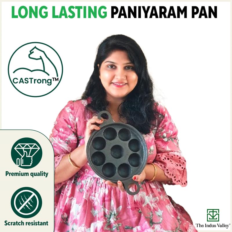 The Indus Valley Super Smooth Cast Iron Paniyaram Pan | Small, 9pit, 8.2 Inch/20.8cm, 2.7kg | Induction Friendly | Nonstick, Pre-Seasoned, 100% Pure & Toxin-Free, No Chemical Coating, Black - Image 3