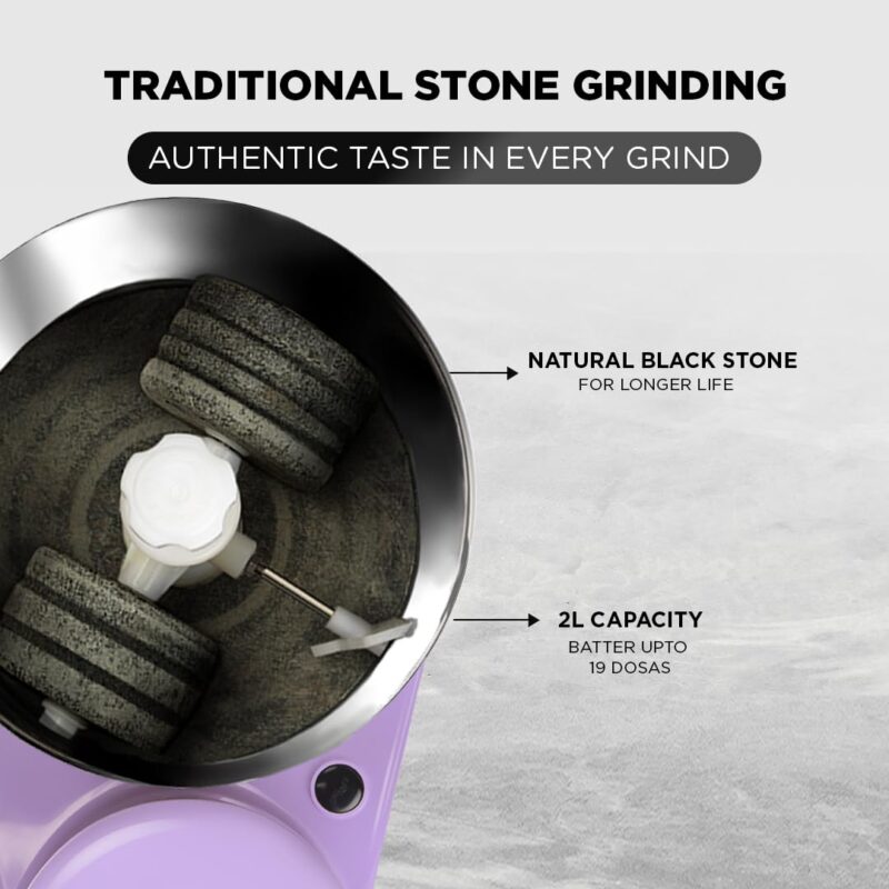 Preethi Wet Grinder|150W 2L Stainless Steel Table Top Wet Grinder|Ideal for Making South Indian Batter in Your Kitchen (Lavender) - Image 4