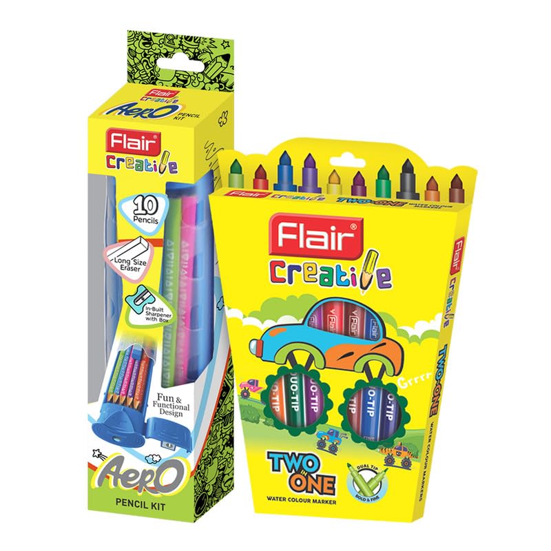 Flair Creative Series 10 Wooden Aero Pencil Kit & 10 Bright Multicolor Shades 2-In-1 Watercolor Pen Art Combo Pack