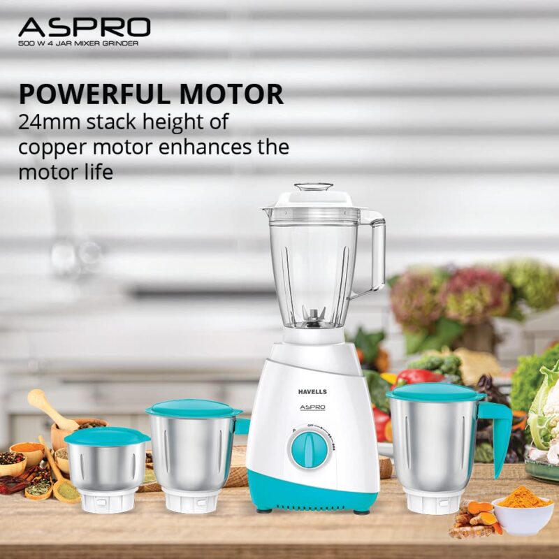 Havells Aspro 4 Jar 500 watt Mixer Grinder with 1.75Ltr Polycarbonate Jar with Fruit Filter, 21000 RPM, Overload Protector, 2 Yr Product & 5 Yr Motor Warranty (White and Light Blue) - Image 6