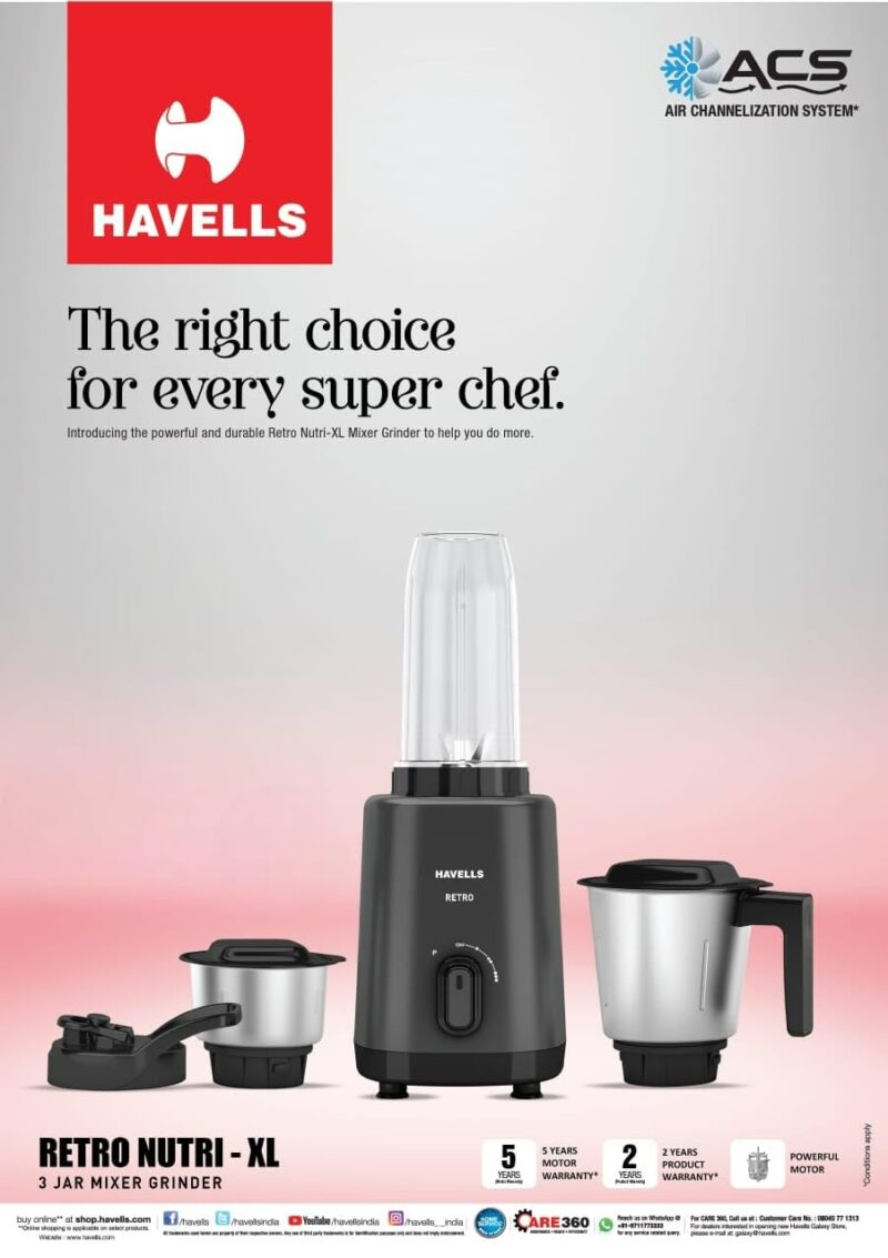 Havells Retro Nutri-Xl 500 Watts 3 Jar Mixer Grinder|21000Rpm| RoHS Complaint | 600Ml Nutri Jar with Sipper Lid | 1L Dry/Wet Grinding Jar |2Yr Product & 5Yr Motor Manufacturer Warranty (Black) - Image 2
