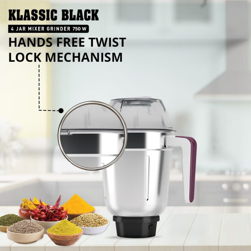 Havells Klassic 750 Watt 4 Jar Mixer Grinder, 21000 RPM Heavy Duty Universal Motor, 304 SS Blades, Large Size Break Resistant JarLids With Twist & Lock Mechanism- Black - Image 6