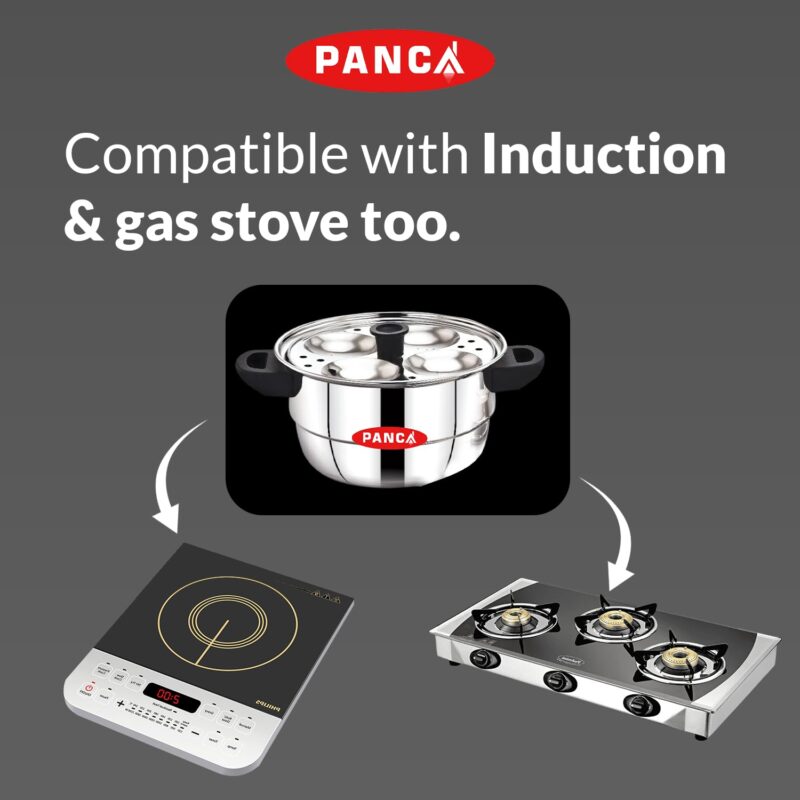 PANCA Idli Maker Stainless Steel Idli Cooker, Idli Steamer, Idly Pot, Dhokla Maker and Mini Idli Plate (Silver, 12 Idli 5 Plate Idli Kadai) - Image 2