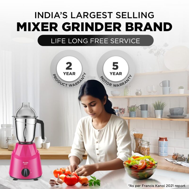 Preethi Galaxy Mixer Grinder for Kitchen| Vega W5 750 Watt Mixie, 3 Jars (Bigger jar Size) | 5yr Motor Warranty & Lifelong Free Service |Pink (MG225), Plastic - Image 2