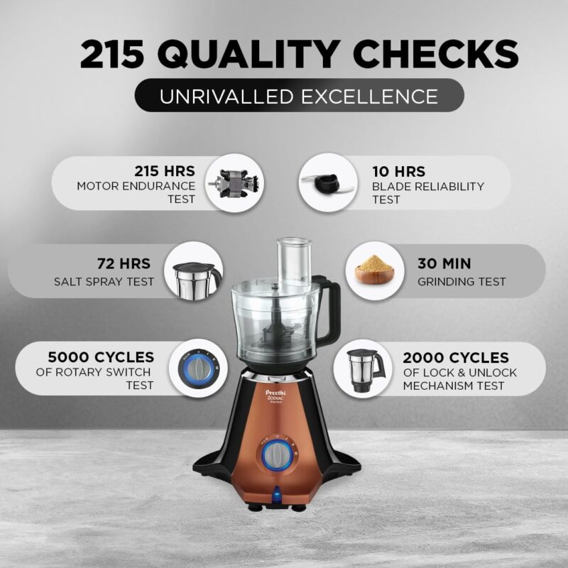 Preethi Zodiac Stardust Mixer Grinder for Kitchen, 5 Jars 750 Watt Mixie (3 Stainless steel Jars +1 Juicer Jar+1 Master Chef Plus Food processor Jar), Black/Copper (MG-265) - Image 4