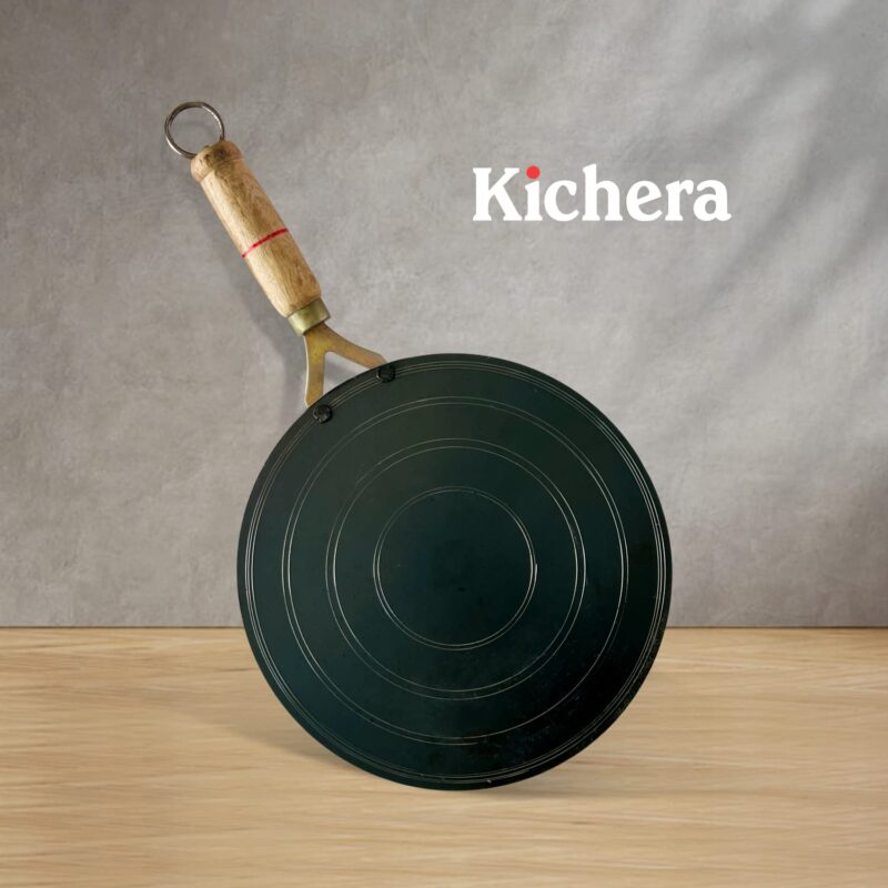 Kichera Traditional Iron Dosa Kal/Pure Iron Dosa Tawa with Wooden Handle 25cm/10 inch, 0.9kg | Gas Stove and Induction Friendly | Pre-Seasoned Black Flat Iron Tawa - Image 3