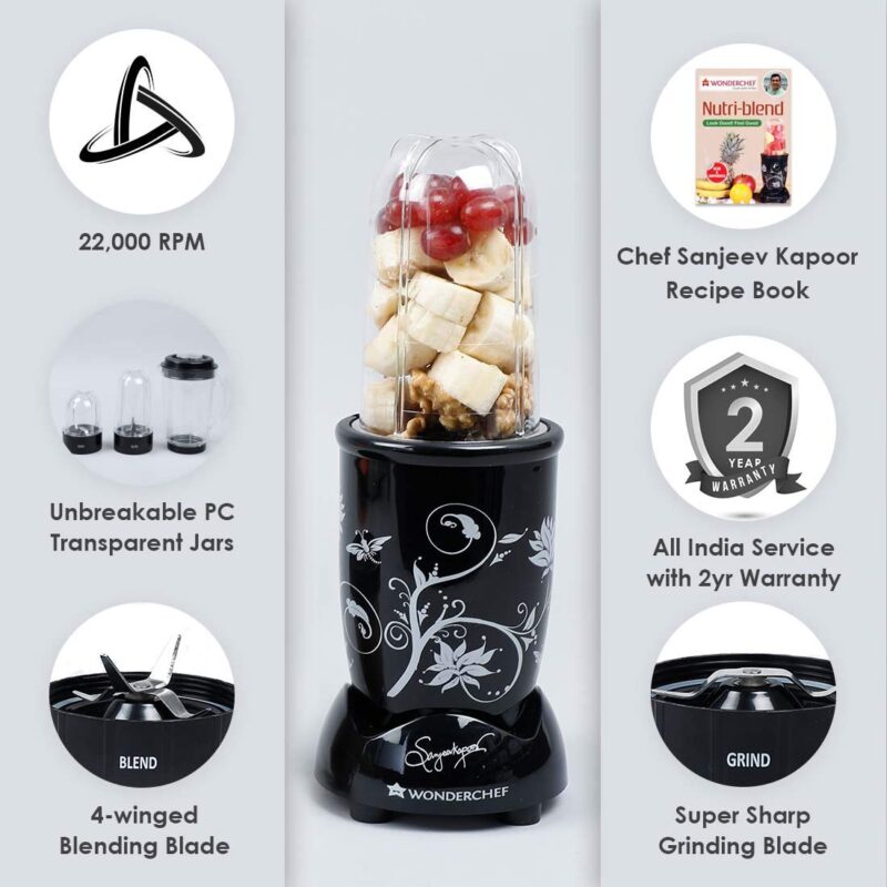 Wonderchef Nutri-blend Juicer, Mixer, Grinder, Blender & Smoothie Maker | 22000 RPM, 500W |100% Full Copper Motor | 3 unbreakable jars | 2 Years warranty | Recipe book by Chef Sanjeev Kapoor | Black - Image 6