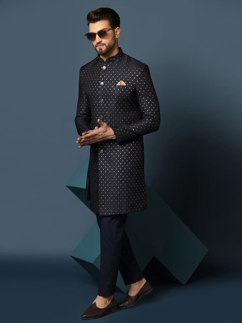 KISAH Men's Black Sherwani Trousers Set, Indo-Western, Cotton Full Sleaves, Knee Length, Straight, Regular Fit, Mandarin Collar Ethnic wear, 40 - Image 2
