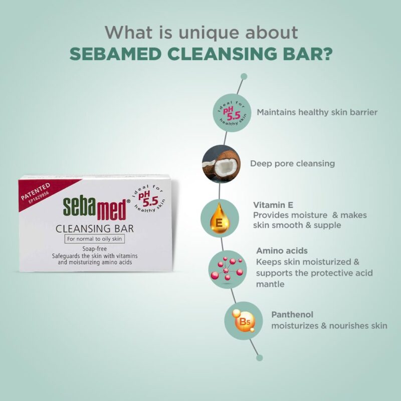 SebaMed Cleansing Bar, Ph5.5, Gentle, Non Drying, Soap Free, Moisturizing Bath, Vitamins & Amino Acids L Free From Phthalates, Dermatologically & Clinically Tested L Ideal, 100 Gm - Image 6