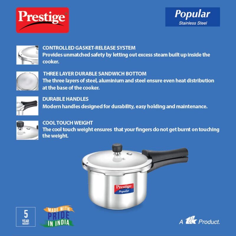 Prestige Popular Stainless Steel Outer Lid Pressure Cooker, 3 Litres, Silver - Image 5