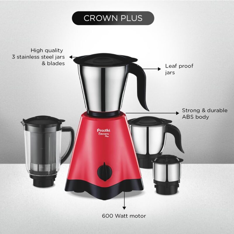 Preethi Crown Plus Mixer Grinder |600 Watt Mixie,4 Jars|Super Extractor Juicer Jar | 5yr Motor Warranty & Lifelong Free Service|White/Purple (MG-258) - Image 4