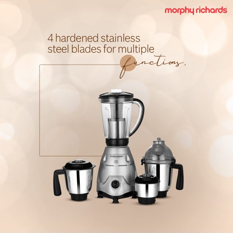 Morphy Richards Icon Superb 750 Watts Mixer Grinder| 4 Stainless Steel Mixer Jars including Juicer Jar| 3-Speed Control with Pulse Effect| 1-Yr Warranty by Brand| Silver & Black - Image 5