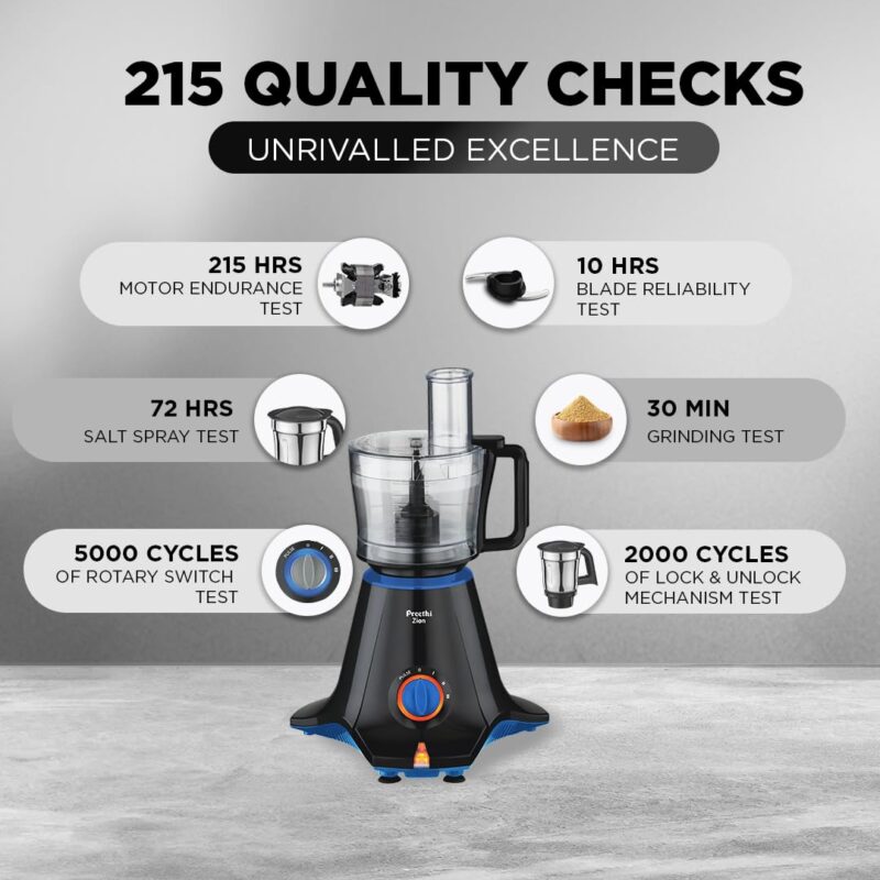 Preethi Zion Mixer Grinder for Kitchen - 4 Jars 750 Watt Mixie (3 Stainless steel Jars+1 Master Chef Plus Food processor Jar), Flexi lids, Vega W5 motor, Black (MG-227) Copy - Image 3