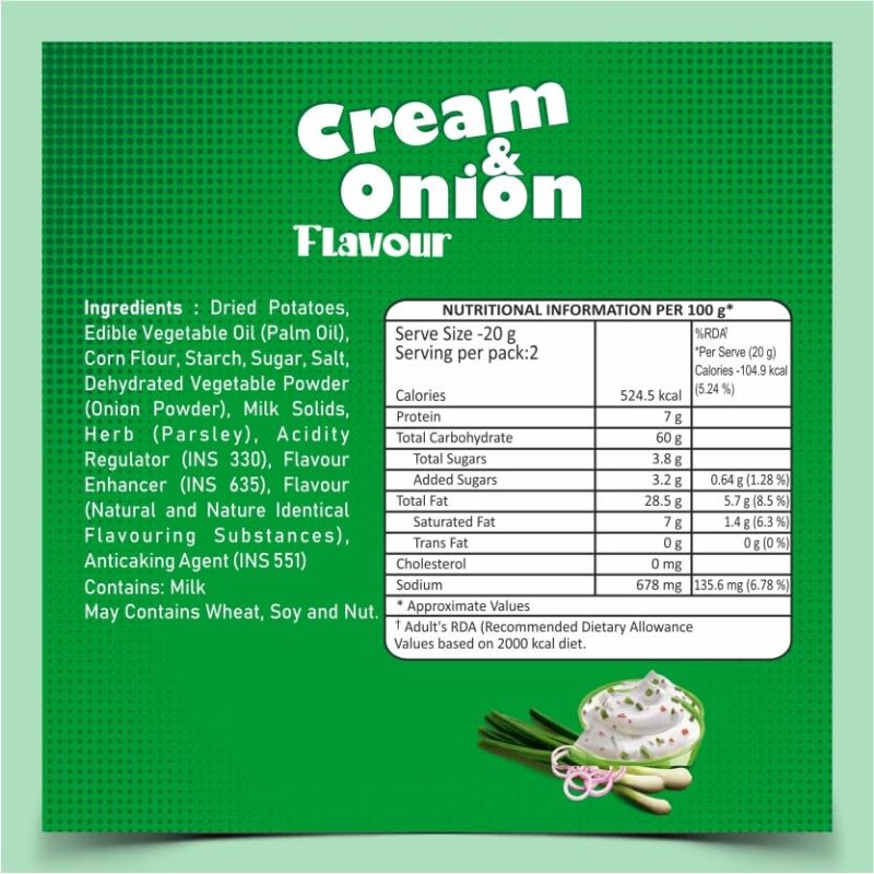 Dibs stacks (Pack of 6, 45 GM Each) Cream N Onion Potato Crisps Chips On the Go Adventure, Crunchy Healthy and Tasty Chips, Snacks Chips - Image 2