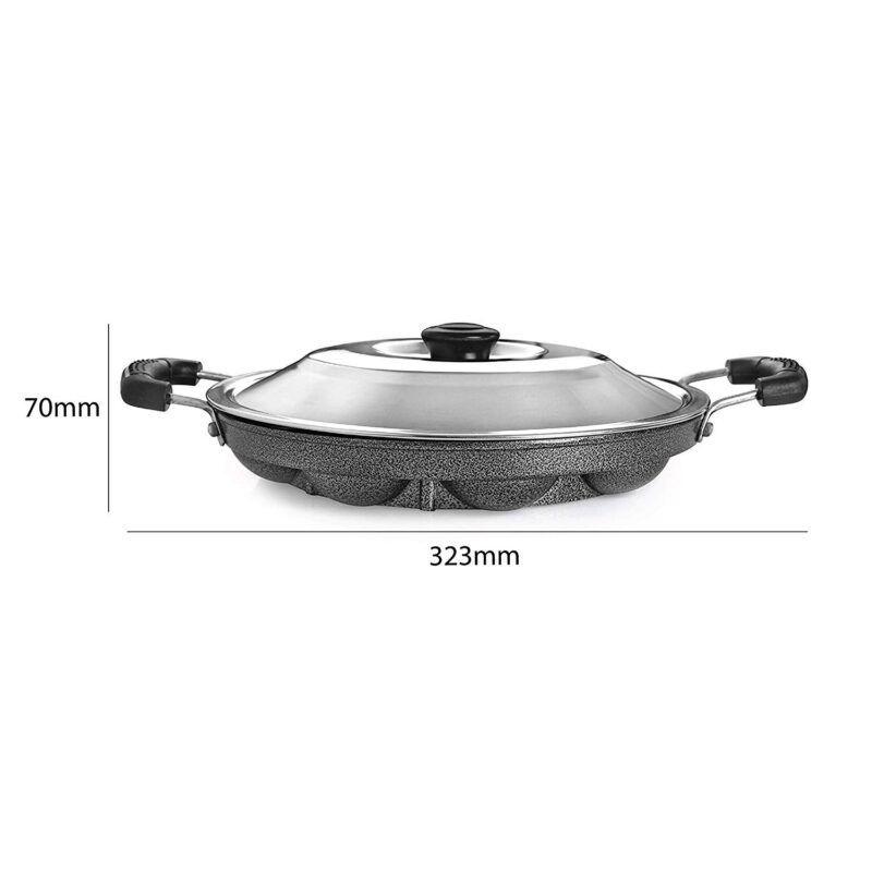 Tosaa Aluminium 12 Cavity Appam Patra Paniyarakkal Two Side Handle with Steel lid & Wooden Picker, ( 23 cm, Black) - Image 4