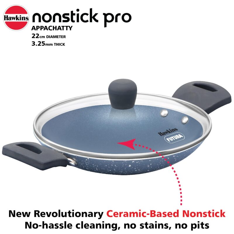 Hawkins Nonstick Pro 0.9 Litre Appachatty, Mini Kadhai, Appachatti, Appachetty, Appam Pot Maker, Deep Fry Pan with Glass Lid, Granite Kadai - Image 9