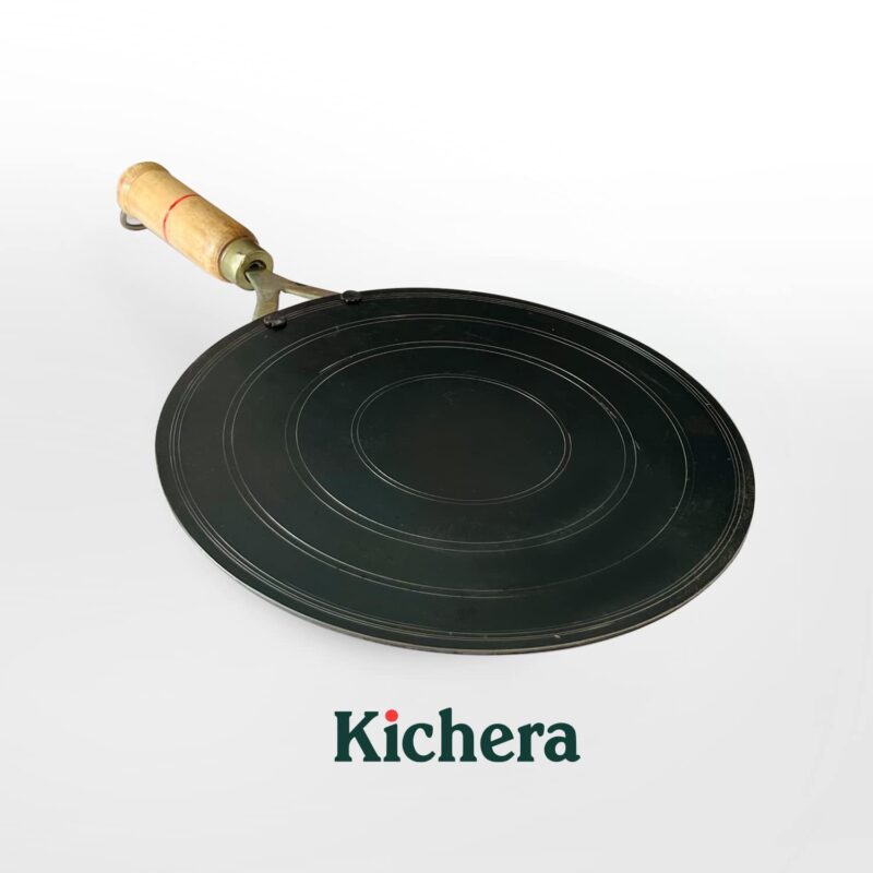 Kichera Traditional Iron Dosa Kal/Pure Iron Dosa Tawa with Wooden Handle 25cm/10 inch, 0.9kg | Gas Stove and Induction Friendly | Pre-Seasoned Black Flat Iron Tawa - Image 4
