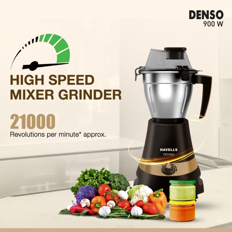 Havells Denso Heavy Duty 900 Watts 3 Jar Mixer Grinder | Ball Bearing Copper Motor | Large Break Resistant Alluminium Collar Jars with Flow Breaker | 2Yr Product & 5Yr Motor Manufacturer Warranty - Image 3