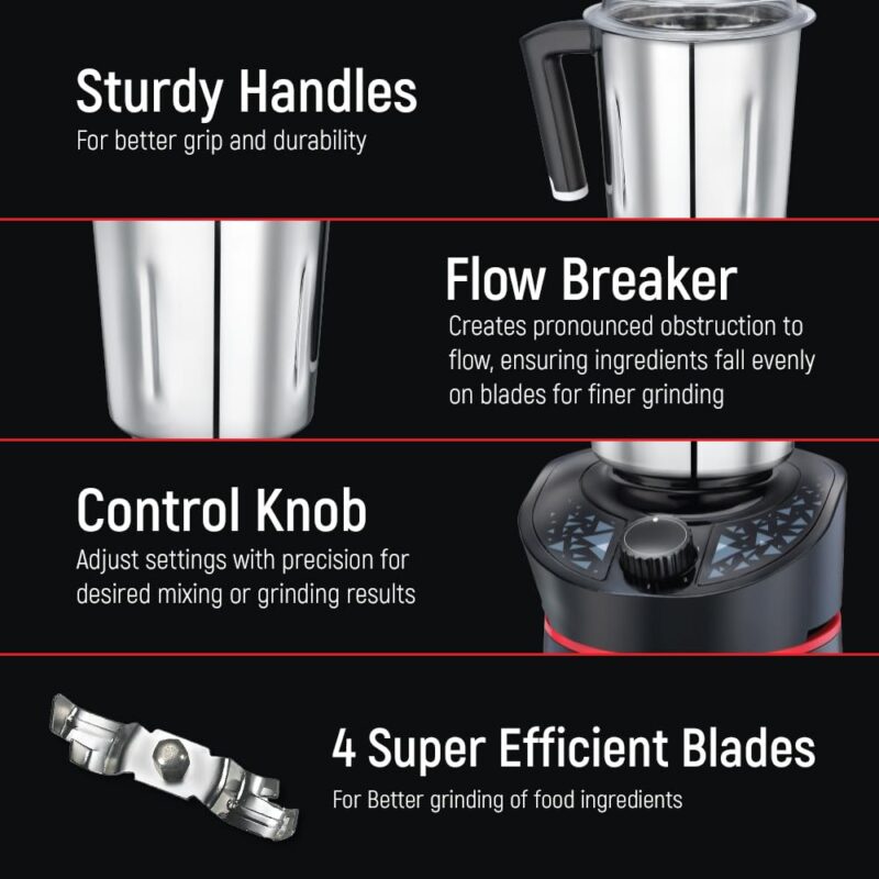 Prestige Hercules 1000W Mixer Grinder with 3 Stainless Steel jars & 1 Juicer jar|Flow-Breaker Design|Sturdy Handles|4 Super Efficient Blades|Black & Red - Image 2