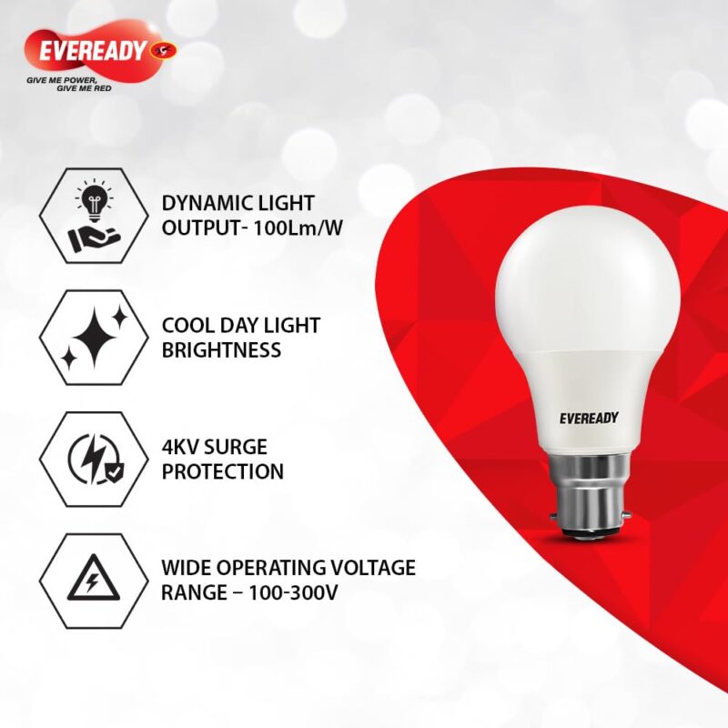 Eveready 14W Led Light Bulb | High Efficiency & Glare-Free Light | 4Kv Surge Protection | Long Life & Low Maintenance | Uniform Light Distribution| Cool Day Light (6500K) | Pack Of 4, B22D - Image 5